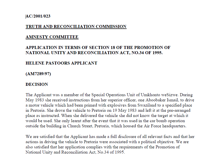Helene Pastoors TRC Amnesty Decision, 24 January 2001